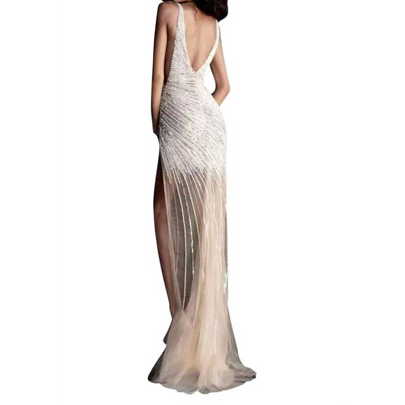 NEW JOVANI high slit beaded prom dress in gold/silver - Picture 4 of 4